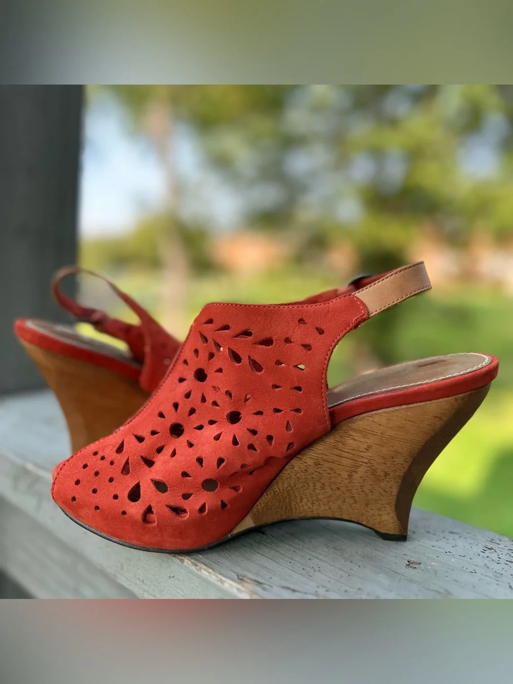 SCHULER & SONS PHILA 7.5 Orange Suede Laser-Cut Wedge Sling Back Sandals Wood